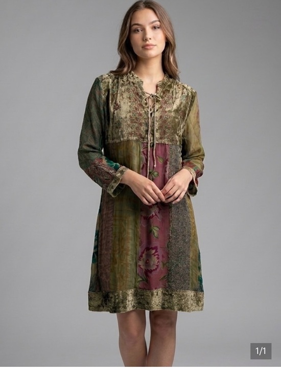 Young Threads Dresses & Skirts - Vintage-Inspired Patchwork Midi Dress in Olive Green